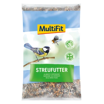 A bag of MultiFit wild bird food featuring a blue tit and a robin on a branch, labeled "STREUFUTTER" with 1kg weight.
