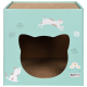 Lichtblauwe kattenkrabdoos met kattenvormige opening, speelse kattenillustraties, pootafdrukken en het logo "AniOne Wild Variety".