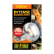 Emballage d'ampoule de spot de chauffage intense Exo Terra 100W, présentant une image de lézard, une étiquette "+75% Intense" et des détails sur le produit.