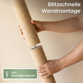Hände montieren Sisal-ummantelte wandmontierte Kratzpfosten; sichtbarer Text: 'Blitzschnelle Wandmontage' und 'inkl. Montagematerial'