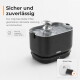 Schwarzer ZEDAR-Trinkbrunnen für Haustiere mit Ausguss und eingesetztem ZEDAR-Filter; deutsche Überschrift 'Sicher und zuverlässig'.