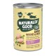Nourriture pour chiens en conserve étiquetée "Naturally Good Junior Veggies & Meat" avec des pois et de la dinde, sur un fond jaune clair avec des graphiques de chiens ludiques.