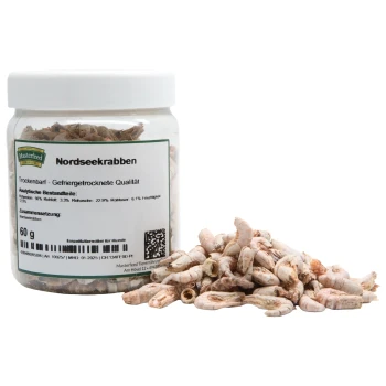 Getrocknete Nordseegarnelen in einem klaren Glasbehälter mit der Aufschrift "Nordseekrabben" und Nährwertangaben, 60g, und aufgelisteten Zutaten.