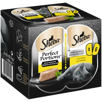 Sheba Perfect Portions Katzenfutterpackung mit sechs 37,5 g Portionen Hühnerpastete, mit einer grauen Katze und einer Portion auf einem schwarzen Teller.