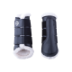 Schwarze Pferdeboots mit weißem Fleecefutter und verstellbaren Riemen, entworfen für Schutz und Komfort.