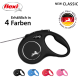 Schwarze, ausziehbare Hundeleine mit silbernem Logo, Text "NEUE KLASSIK" und "Erhältlich in 4 Farben," verfügbar in Schwarz, Blau, Rot, Pink.