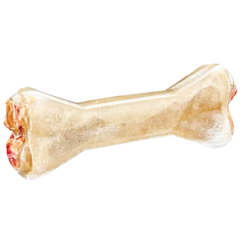 Ein gefrorenes Hundeknochen-Leckerli, geformt wie ein klassischer Knochen, mit einer hellbeigen Farbe und roten Akzenten an den Enden.