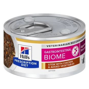 Hill's Prescription Diet Gastrointestinal Biome Katzenfutterdose, die einen Eintopf mit Huhn und zusätzlichen Gemüse zeigt, vom Tierarzt empfohlen.
