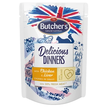 Torebka karmy dla kotów Butcher's Delicious Dinners z kawałkami kurczaka i wątróbki w sosie, z 30% świeżego mięsa i dodanym tauryną.