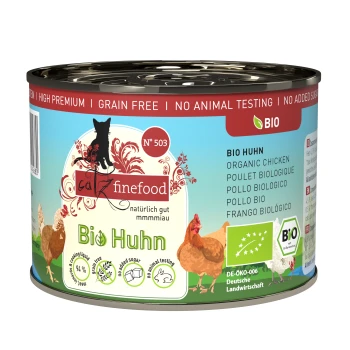 Catz finefood Bio-Hühnchen Katzenfutterdose mit der Aufschrift "Bio Huhn", die Hühner zeigt und mit dem Hinweis auf getreidefrei, ohne Zucker und ohne Tierversuche.