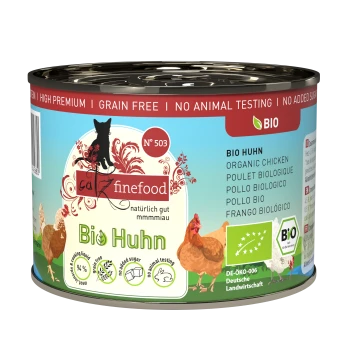 Catz finefood Bio-Hühnchen Katzenfutterdose mit der Aufschrift "Bio Huhn", die Hühner zeigt und mit dem Hinweis auf getreidefrei, ohne Zucker und ohne Tierversuche.