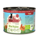 Catz finefood Bio-Hühnchen Katzenfutterdose mit der Aufschrift "Bio Huhn", die Hühner zeigt und mit dem Hinweis auf getreidefrei, ohne Zucker und ohne Tierversuche.