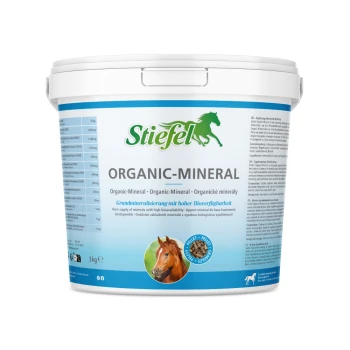 Eimer mit Stiefel Organic-Mineral-Pferdeergänzung, mit einem Pferdebild, mit Text, der organische Spurenelemente und eine getreidefreie Formel hervorhebt.
