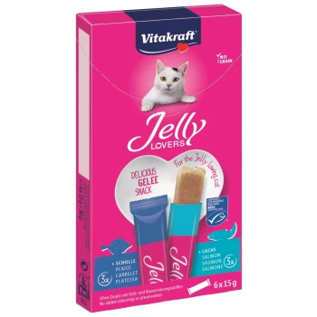 Jelly Lachs & Scholl 66x15g Vitakraft Jelly Lovers Katzensnack-Box mit einem Katzenbild, mit dem Text "Leckeres Gelee Snack" und den Geschmacksrichtungen: Scholle und Lachs.