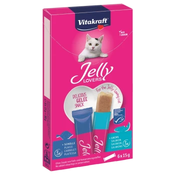 Vitakraft Jelly Lovers Katzensnack-Box mit einem Katzenbild, mit dem Text "Leckeres Gelee Snack" und den Geschmacksrichtungen: Scholle und Lachs.