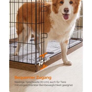 Eine Hundebox mit einer niedrigen Schwelle von 10 cm, entworfen für Haustiere mit eingeschränkter Mobilität. Der Text lautet "Bequemer Zugang" und beschreibt die Eignung für Tiere.