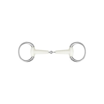 Ein weißes Pferdegebiss mit Metallringen, mit einem glatten, abgerundeten Design für Komfort und Kontrolle.