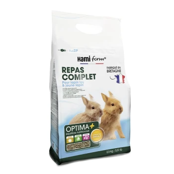 Repas complet Hami Form pour lapins nains et jeunes, sac de 2,5 kg, présentant deux lapins mignons à l'avant et des allégations nutritionnelles.