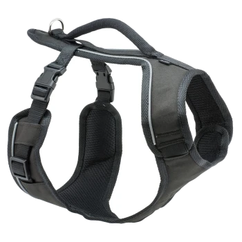 Schwarzes Hundegeschirr mit verstellbaren Riemen und einem Metall-D-Ring zur Leinenbefestigung, entworfen für Komfort und Sicherheit.