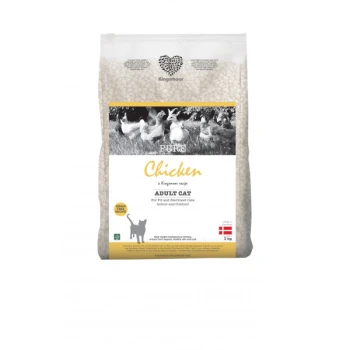 Beutel mit Kingsmoor Pure Chicken Katzenfutter für erwachsene Katzen, 3 kg, mit einem Foto von Hühnern und einer Silhouette einer Katze.