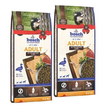 Emballage de nourriture pour chiens Bosch Adult présentant deux sacs, chacun de 15,0 kg, avec du canard frais et du riz, mettant en avant 23 % de protéines et 12 % de matières grasses.