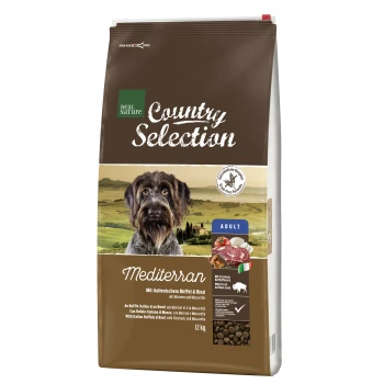 Dog food bag labeled "Real Nature Country Selection Mediterran" with a dog image and ingredients: buffalo, beef, chestnuts, mozzarella.