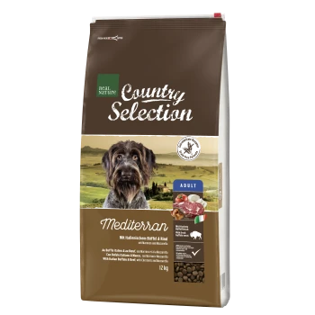 Dog food bag labeled "Real Nature Country Selection Mediterran" with a dog image and ingredients: buffalo, beef, chestnuts, mozzarella.