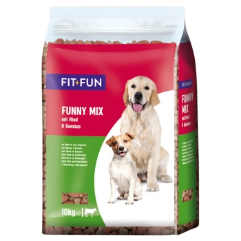 Trockenfutter Adult 10kg Rind und Gemüse Hundefutterbeutel mit der Aufschrift "FIT+FUN FUNNY MIX mit Rind & Gemüse", mit einem Gewicht von 10 kg, mit Bildern eines Golden Retrievers und eines kleinen Hundes.