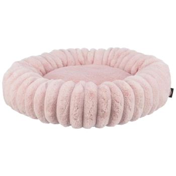 Weiches rosa Haustierbett mit einem plüschigen, runden Design und einem erhöhten, gepolsterten Rand für Komfort.