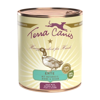 Dosen-Hundefutter von Terra Canis mit einer Entenillustration, beschriftet mit "ENTE mit Naturreis, Birne & Sesam" und einem 100% natürlichen Anspruch.
