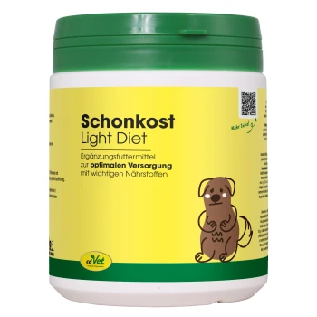 Behälter mit cdVet Schonkost Light Diät für Haustiere, mit einem grünen Deckel und einem Etikett mit einem Magen-Symbol, das natürliche Zutaten betont.