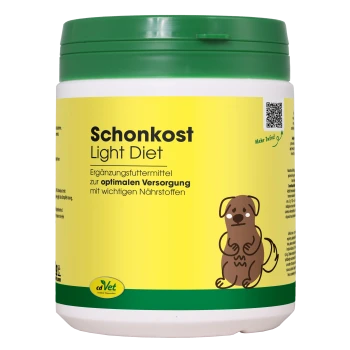 Behälter mit cdVet Schonkost Light Diät für Haustiere, mit einem grünen Deckel und einem Etikett mit einem Magen-Symbol, das natürliche Zutaten betont.