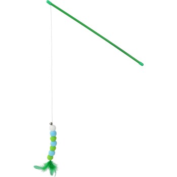 Baguette jouet pour chat verte avec corde, petite clochette, pompons empilés bleu/vert et gland de plumes vertes.