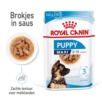 Royal Canin Puppy Maxi nat hondenvoer verpakking, met een kom zachte stukjes in saus en een afbeelding van een puppy.