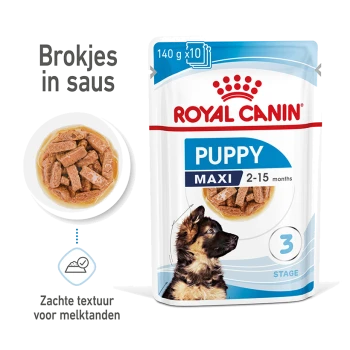 Royal Canin Puppy Maxi nat hondenvoer verpakking, met een kom zachte stukjes in saus en een afbeelding van een puppy.
