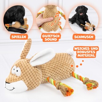 Ein plüschiges Kaninchen-Hundespielzeug mit Quietscher, aus weichem, strapazierfähigem Material und bunten Seilbeinen, begleitet von verspieltem Text auf Deutsch.