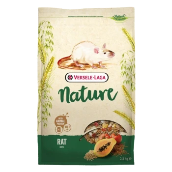 Sac de nourriture pour rats Versele-Laga Nature, avec un dessin de rat, indiquant qu'il contient des protéines animales et des vitamines, 2,3 kg.