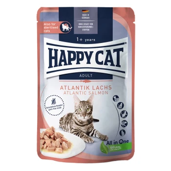 Verpackung für Happy Cat Adult Katzenfutter mit Atlantik-Lachs-Geschmack, mit einem Foto einer getigerten Katze und einem Teller mit Nassfutter.