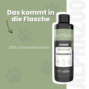Schwarze Flasche mit Samenöl, beschriftet mit 'ALPHAZOO Care', mit Text, der Vorteile für Verdauung und Atmung hervorhebt, geeignet für alle Hunderassen.
