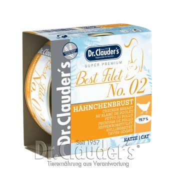 Super Premium Katzenfutterdose von Dr. Clauder's, beschriftet mit "Best Filet No. 02," mit Hühnerbrust, 75,7% Fleischanteil.