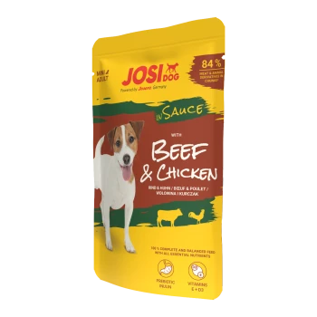 JosiDog Mini Adult Hundefutterbeutel mit Rindfleisch und Huhn in Sauce, 84% Fleisch, präbiotisches Inulin, Vitamine E und D3.