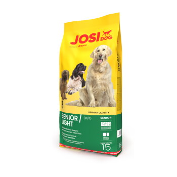 Gelber JOSI DOG Senior/Light Hundefutterbeutel mit einem Golden Retriever und dem Text "Deutsche Qualität" auf der Vorderseite.