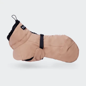 Beiger Hunderegenmantel mit schwarzem verstellbarem Riemen und Kapuze, mit „PAW“-Beschriftung am Halsband, auf weißem Hintergrund dargestellt.