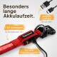 Rote Haustierleine mit USB-C-Ladeanschluss, mit Text über die lange Akkulaufzeit (7-8 Stunden), 300 mAh Kapazität und enthaltenem Ladekabel.