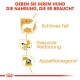Bild zur Förderung von Hundefutter mit dem Text "GEBEN SIE IHREM HUND DIE NAHRUNG, DIE ER BRAUCHT." Symbole für Fell, Verdauung und Appetit.