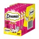 Packung Dreamies Katzenleckerlis, mit sechs 60g Beuteln, mit einem pinken und gelben Design, Bildern einer verspielten Katze und einer Kuh sowie Nährwertangaben.