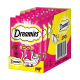 Packung Dreamies Katzenleckerlis, mit sechs 60g Beuteln, mit einem pinken und gelben Design, Bildern einer verspielten Katze und einer Kuh sowie Nährwertangaben.