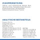 Zutaten und Nährwertinformationen für Tiernahrung, einschließlich Protein, Fett, Ballaststoffe, Vitamine und Mineralien auf Deutsch.