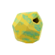 Ein farbenfrohes gelb-blaues geometrisches Hundespielzeug mit einem Loch, mit dem eingeprägten Text 'RUFFWEAR.'