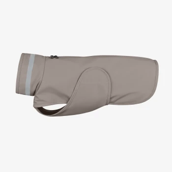 Helle beige Hundejacke mit einem reflektierenden Streifen, mit einem Reißverschluss und einer engen Passform für Wärme und Schutz.